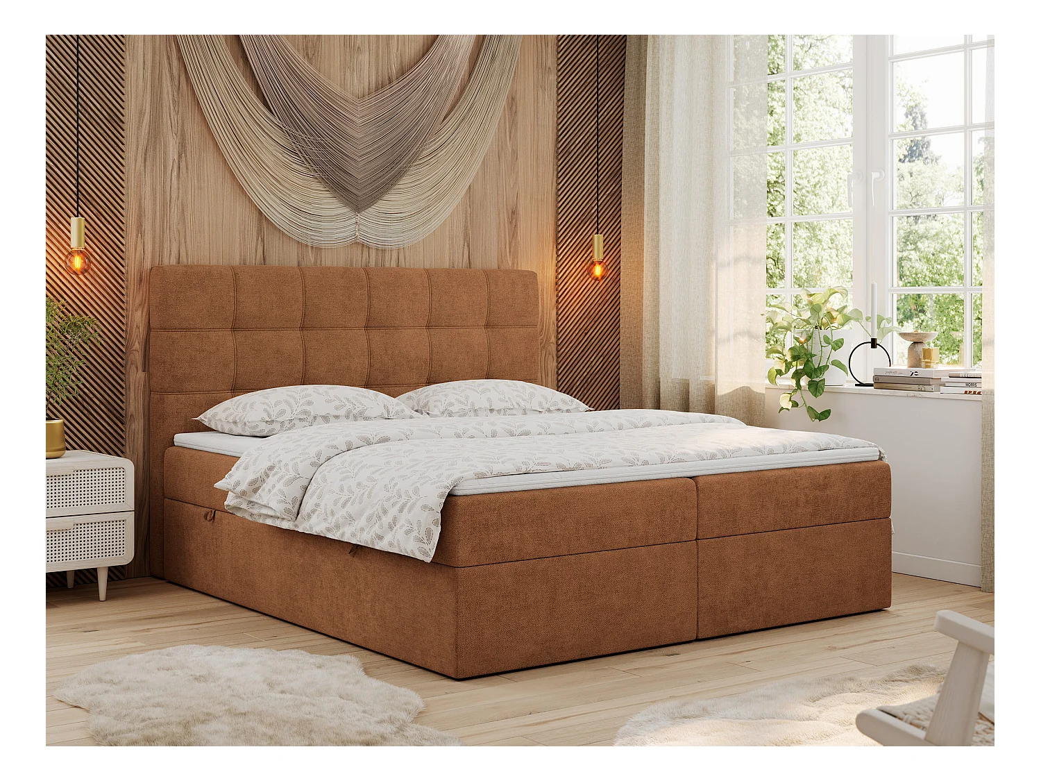 Boxspringbett ERNI - mit gestepptem Kopfteil, Polsterbett, Multipocket-Matratze und Topper, Bettkästen - 120x200 cm - H3 - Orange Stukture