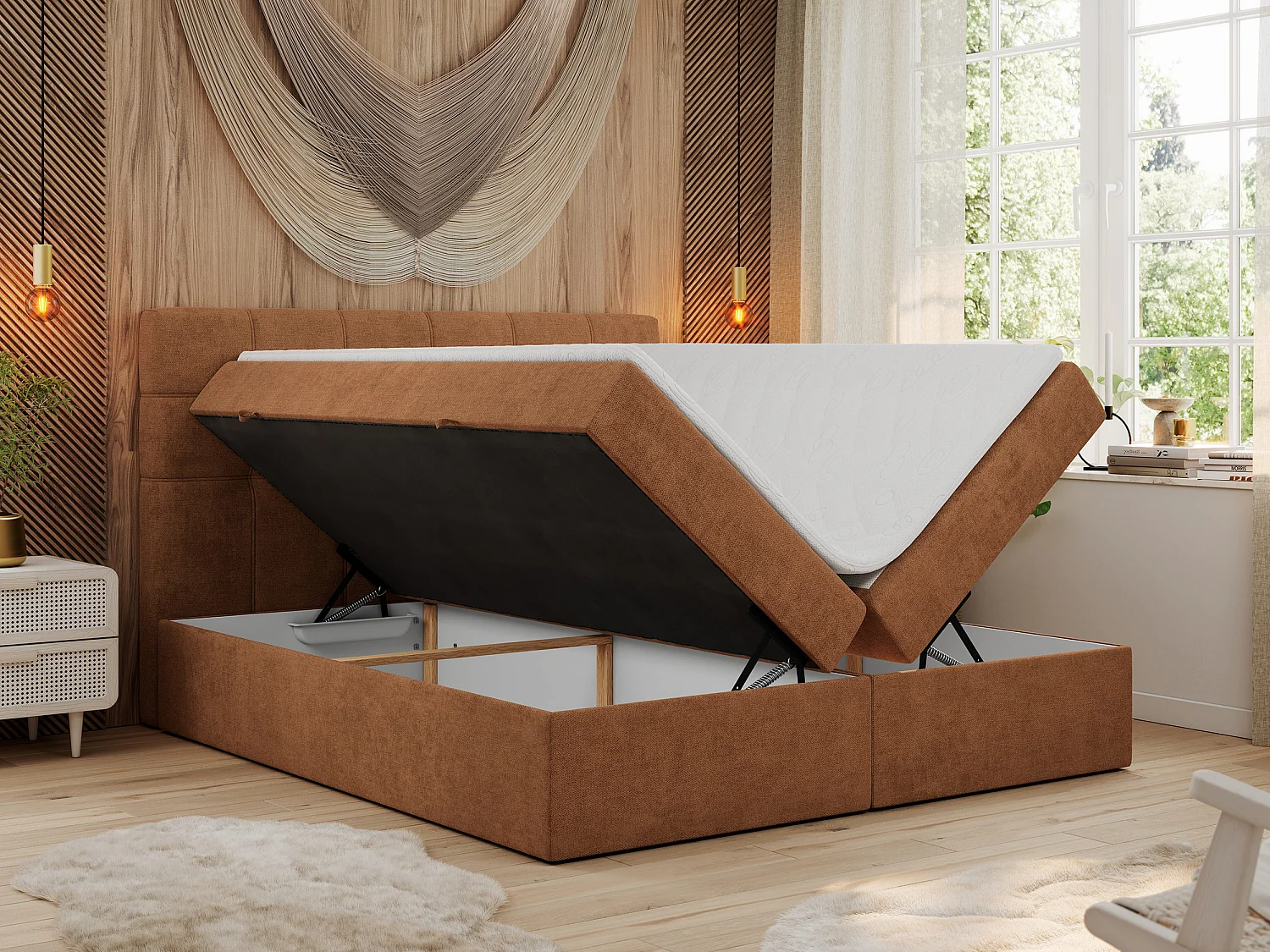 Boxspringbett ERNI - mit gestepptem Kopfteil, Polsterbett, Multipocket-Matratze und Topper, Bettkästen - 120x200 cm - H3 - Orange Stukture