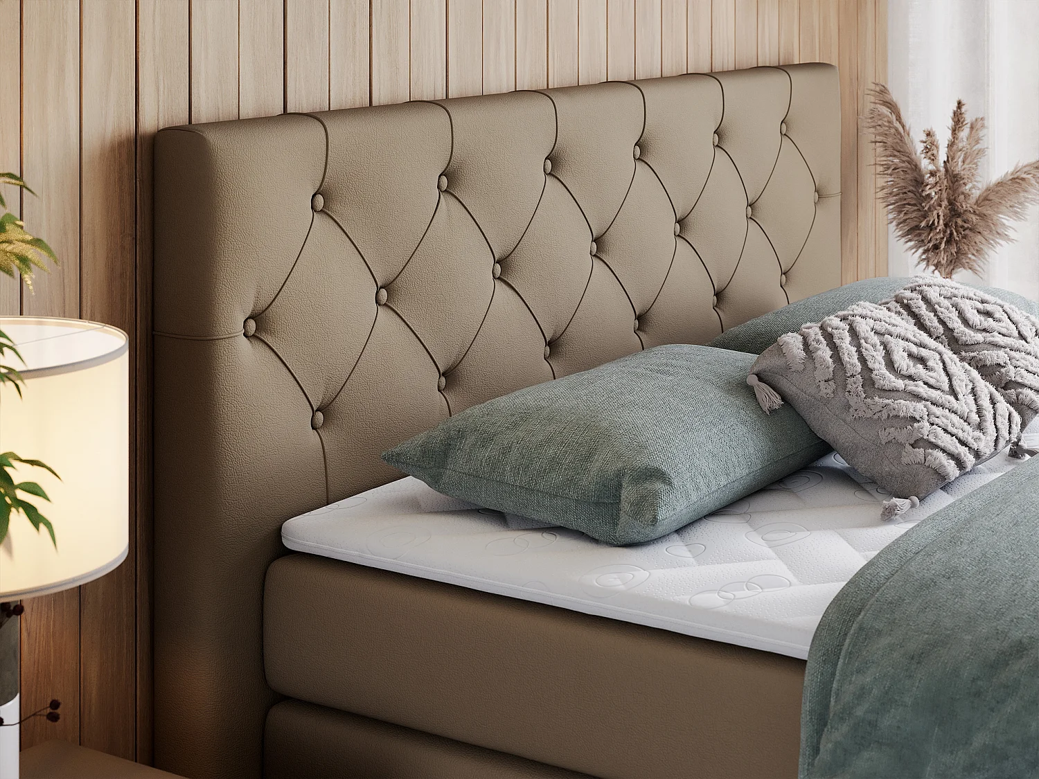 Boxspringbett VELEN KING - Doppelbett mit gestepptem Kopfteil, zwei Multipocket-Matratzen, Polsterbett mit Kopfstütze - 140x200 cm - H4 - Braun Kunstleder