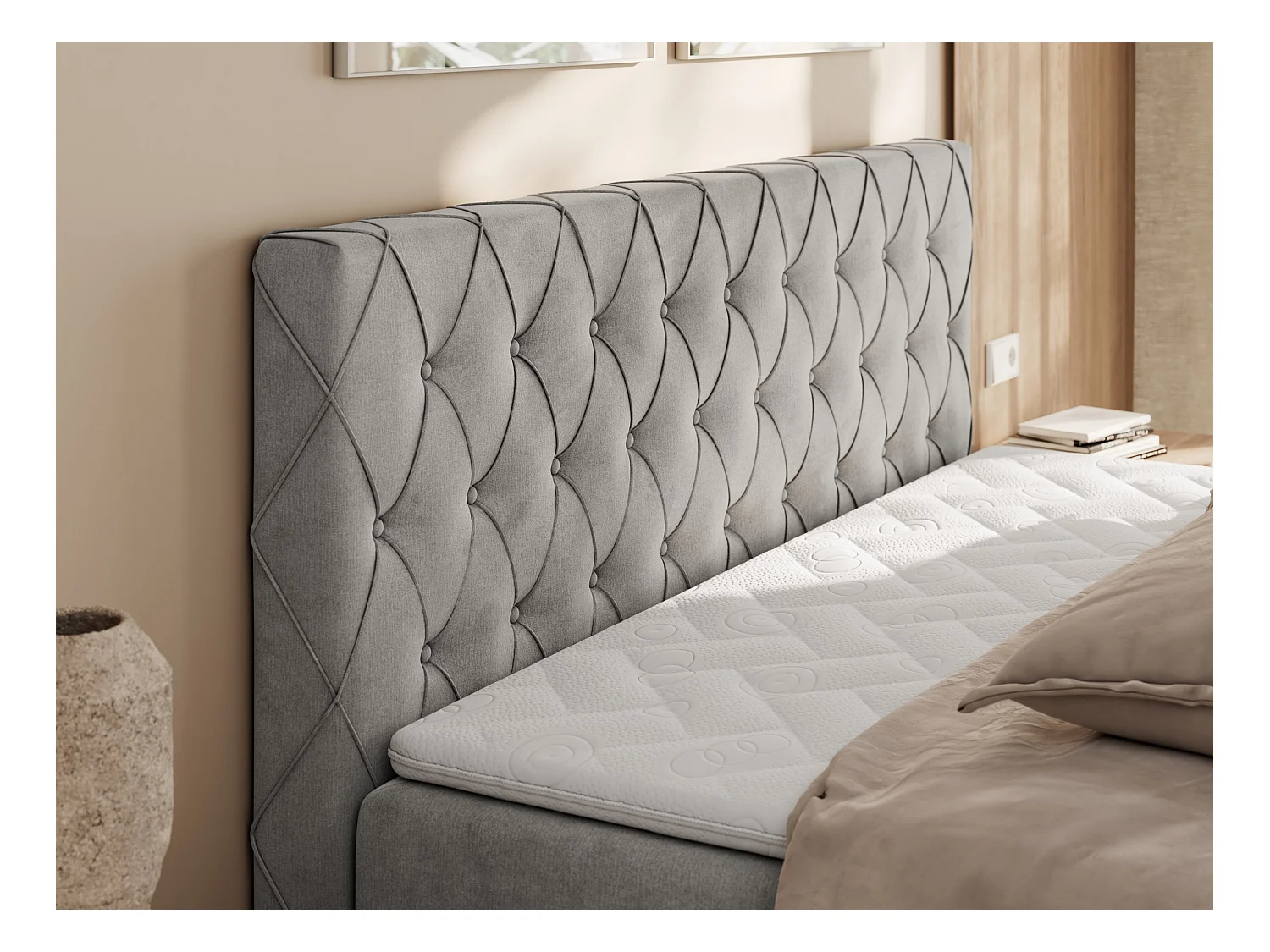 Boxspringbett MIREN DUO - mit gestepptem Kopfteil und Front, Multipocket-Matratze, zwei Bettkästen - 200x200 cm - H3 - Hellgrau Velvet
