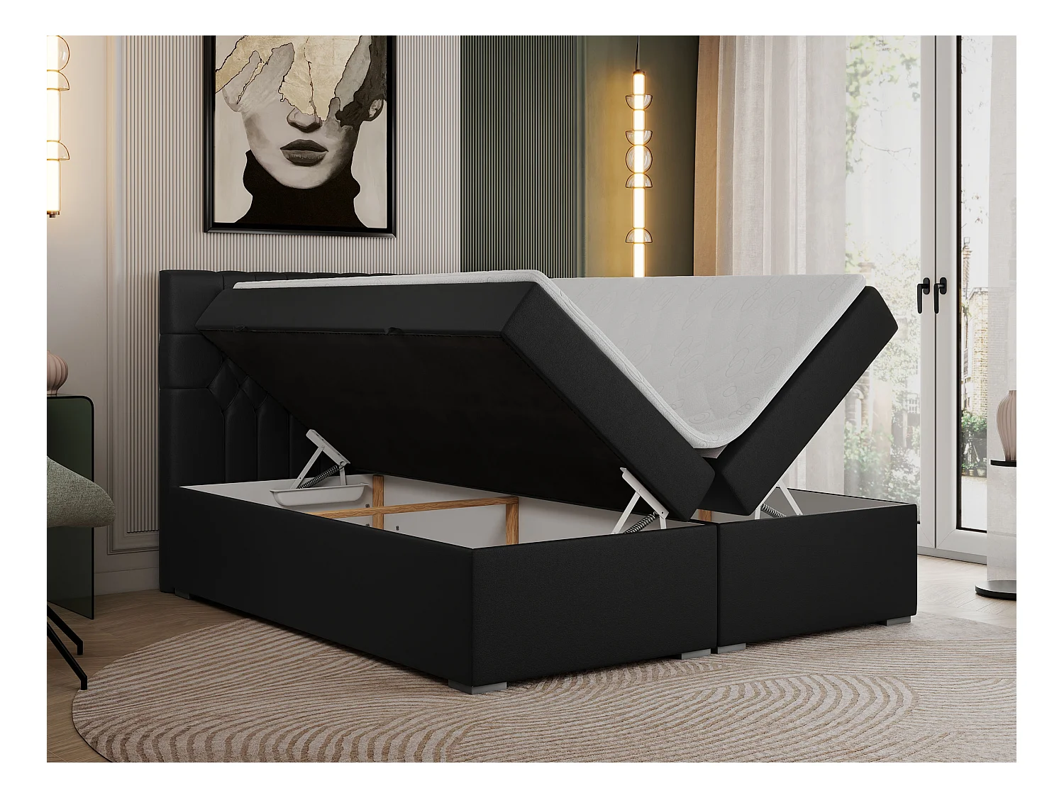 Boxspringbett PERA - gesteppte Kopfstütze, Multipocket-Matratze und Topper, Doppelbett mit Stauraum - 180x200 cm - H4 - Schwarz Kunstleder