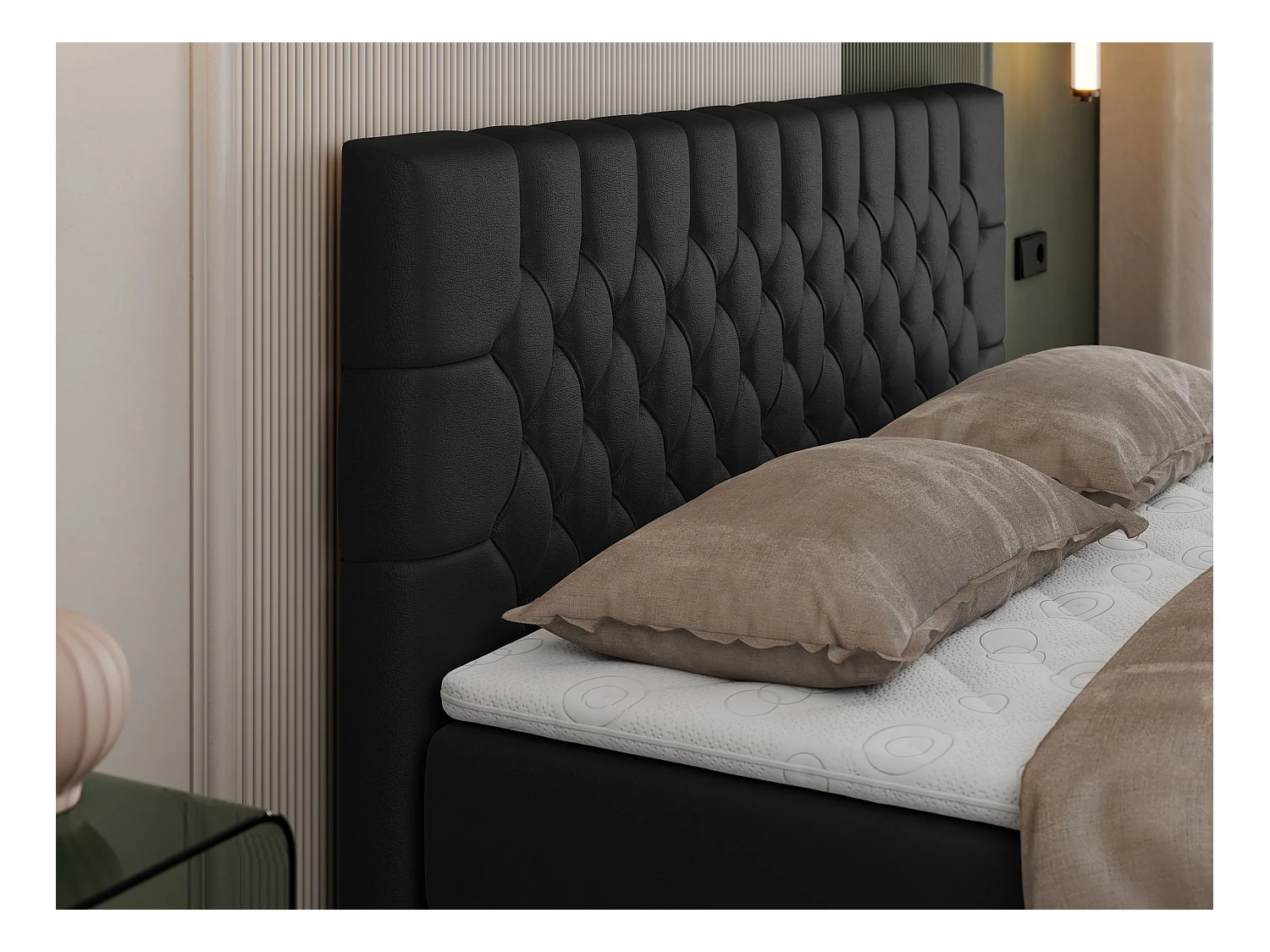 Boxspringbett PERA - gesteppte Kopfstütze, Multipocket-Matratze und Topper, Doppelbett mit Stauraum - 180x200 cm - H4 - Schwarz Kunstleder