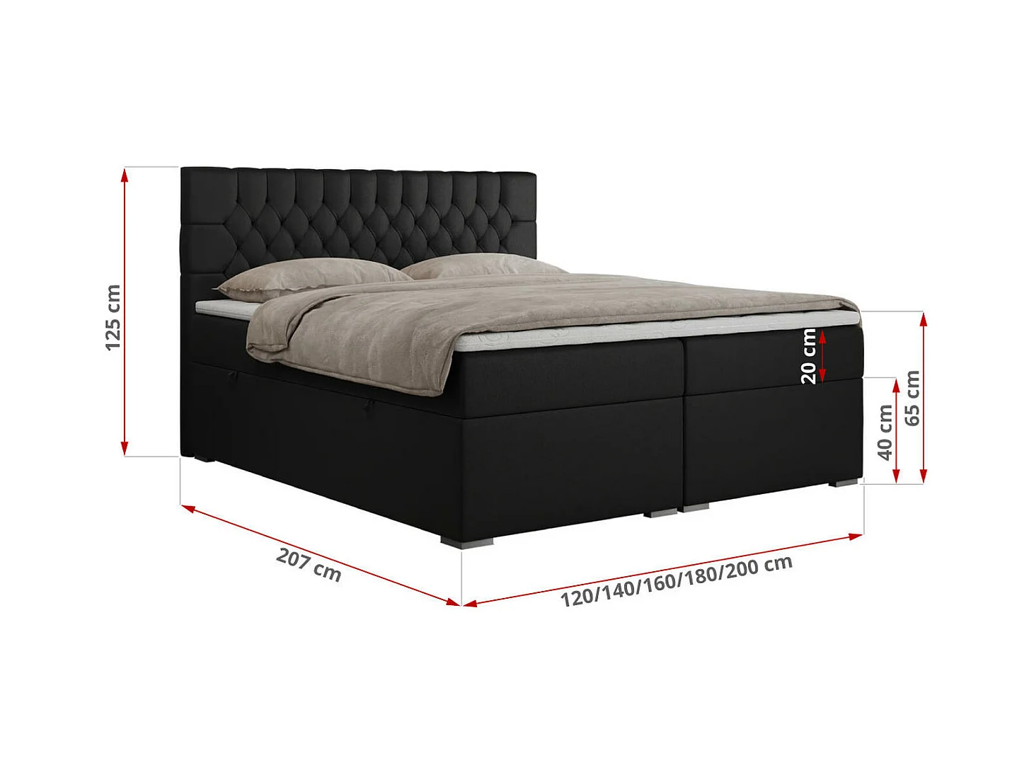 Boxspringbett PERA - gesteppte Kopfstütze, Multipocket-Matratze und Topper, Doppelbett mit Stauraum - 180x200 cm - H4 - Schwarz Kunstleder