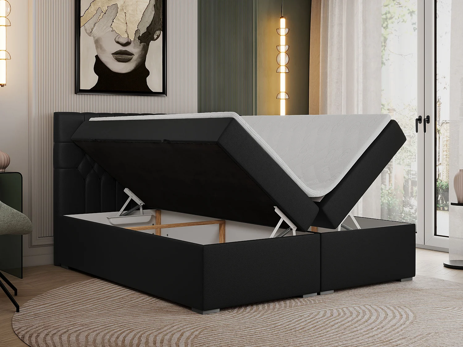 Boxspringbett PERA - gesteppte Kopfstütze, Multipocket-Matratze und Topper, Doppelbett mit Stauraum - 180x200 cm - H4 - Schwarz Kunstleder