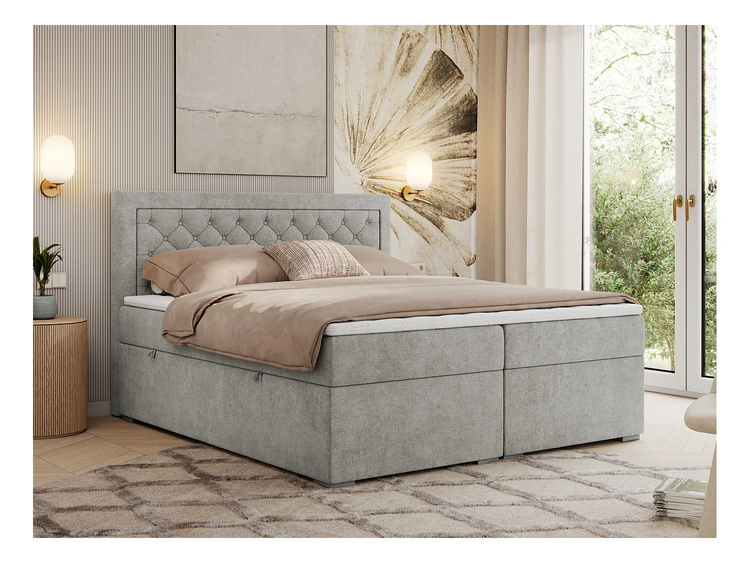 Boxspringbett JASIR - mit gestepptem Kopfteil, Doppelbett für Schlafzimmer, Multipocket-Matratze, Stauraum - 180x200 cm - H4 - Hellgrau Strukture