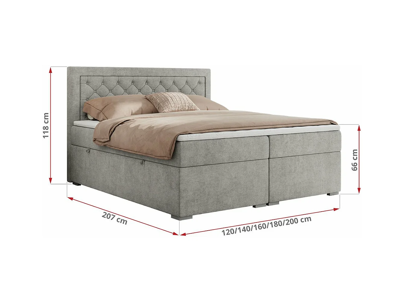 Boxspringbett JASIR - mit gestepptem Kopfteil, Doppelbett für Schlafzimmer, Multipocket-Matratze, Stauraum - 180x200 cm - H4 - Hellgrau Strukture