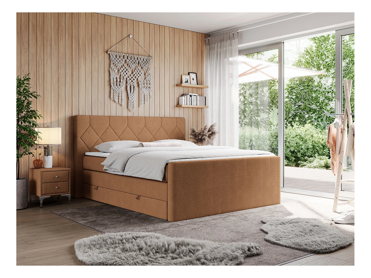 Boxspringbett EIGAR KING - Doppelbett mit genähtem Kopfteil, zwei Multipocket-Matratzen, Polsterbett für Schlafzimmer - 180x200 cm - H4 - Orange Strukture