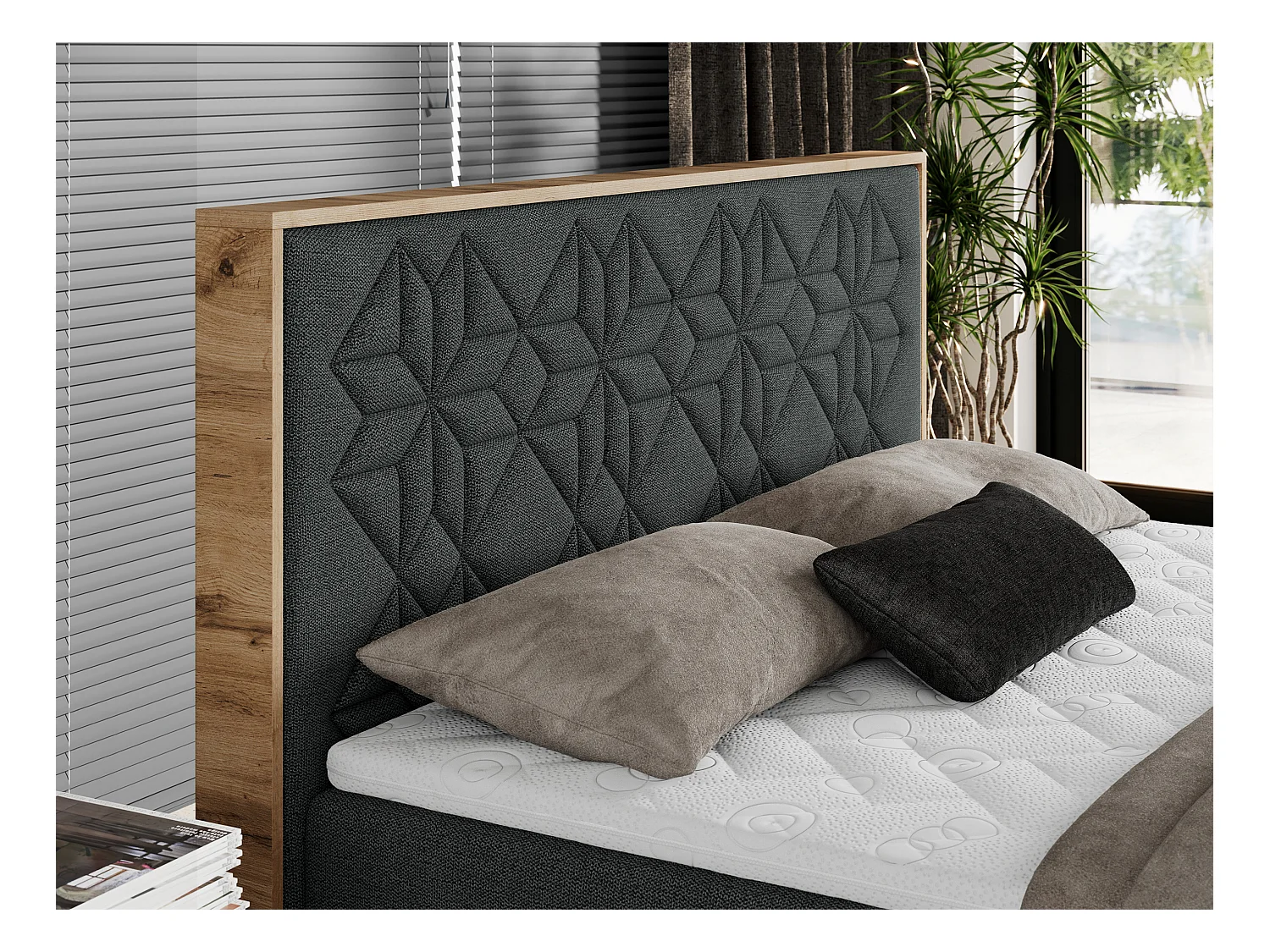 Boxspringbett NESSI - mit hoher Kopfstütze, Multipocket-Matratze und Topper, Doppelbett mit Bettkästen - 140x200 cm - H3 - Dunkelgrau Strukture