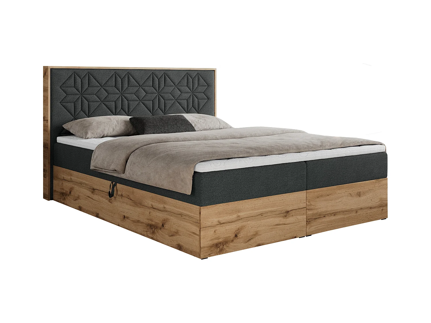 Boxspringbett NESSI - mit hoher Kopfstütze, Multipocket-Matratze und Topper, Doppelbett mit Bettkästen - 140x200 cm - H3 - Dunkelgrau Strukture