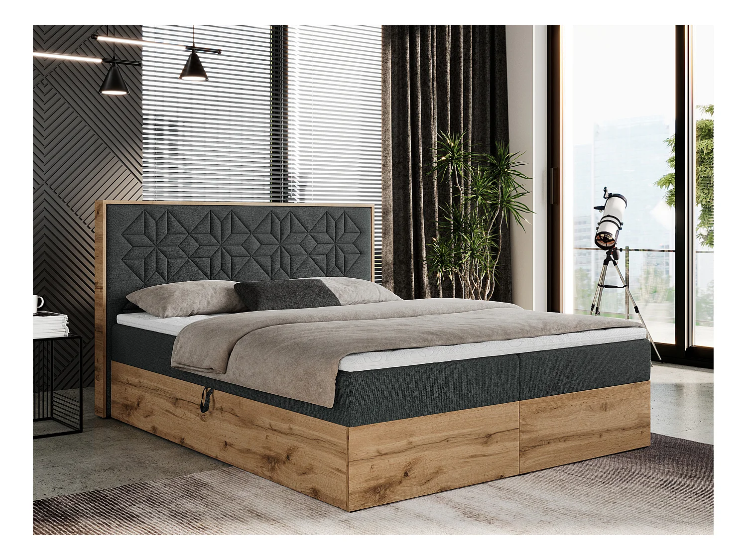 Boxspringbett NESSI - mit hoher Kopfstütze, Multipocket-Matratze und Topper, Doppelbett mit Bettkästen - 140x200 cm - H3 - Dunkelgrau Strukture