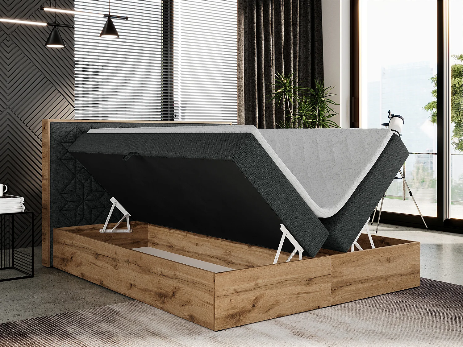 Boxspringbett NESSI - mit hoher Kopfstütze, Multipocket-Matratze und Topper, Doppelbett mit Bettkästen - 140x200 cm - H3 - Dunkelgrau Strukture