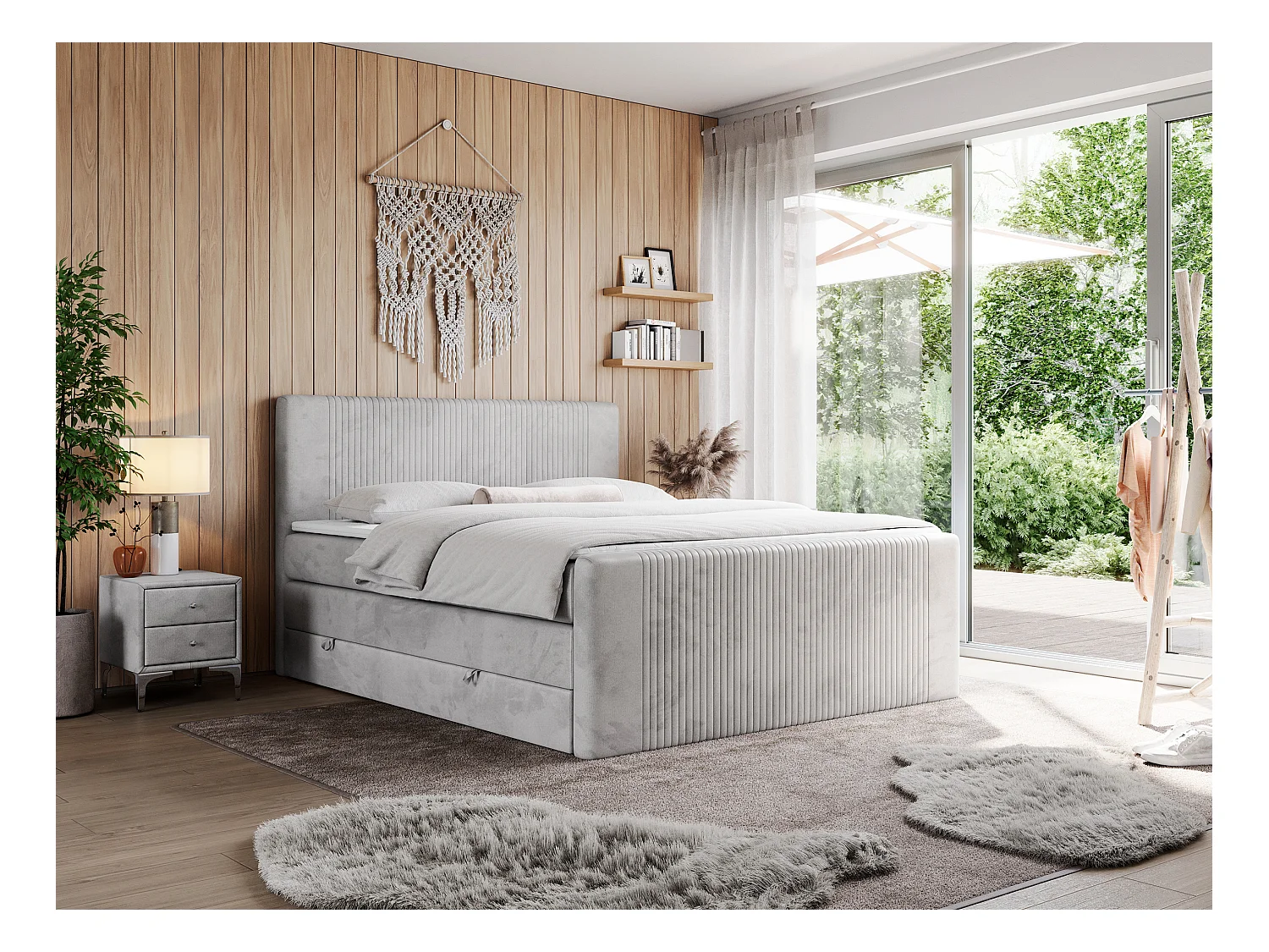 Boxspringbett DOREN KING - mit gesteppter Front und Kopfteil, zwei Multipocket-Matratzen und Topper, Doppelbett - 160x200 cm - H3 - Hellgrau Velvet