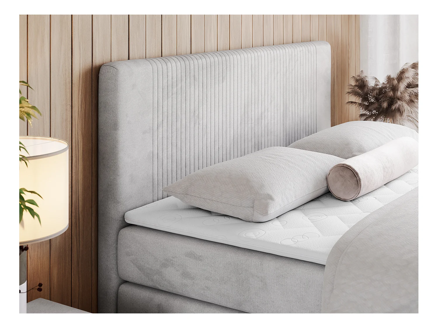 Boxspringbett DOREN KING - mit gesteppter Front und Kopfteil, zwei Multipocket-Matratzen und Topper, Doppelbett - 160x200 cm - H3 - Hellgrau Velvet