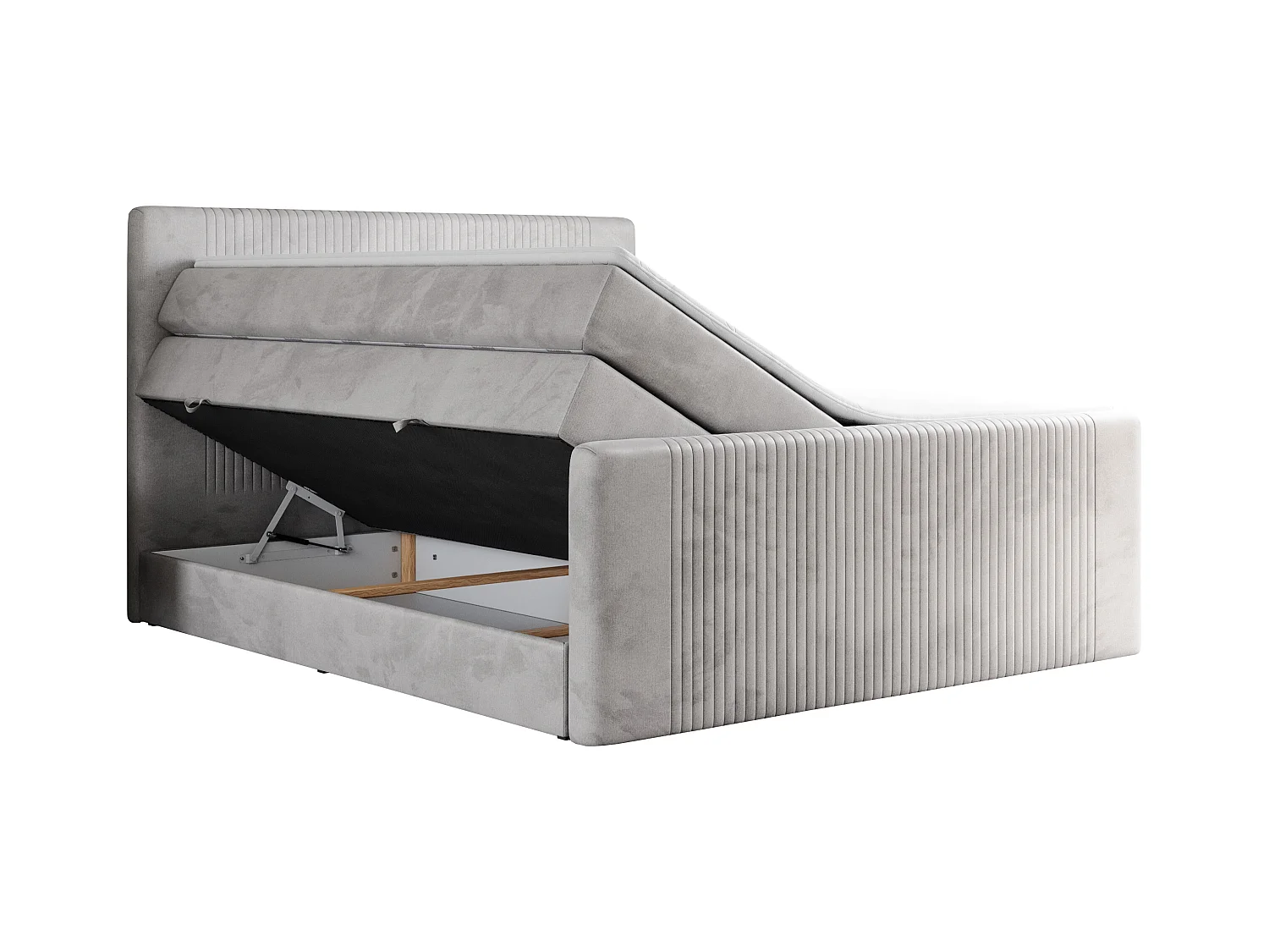 Boxspringbett DOREN KING - mit gesteppter Front und Kopfteil, zwei Multipocket-Matratzen und Topper, Doppelbett - 160x200 cm - H3 - Hellgrau Velvet