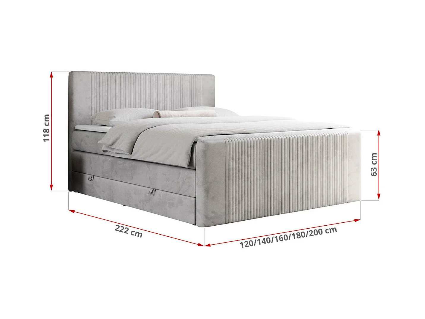 Boxspringbett DOREN KING - mit gesteppter Front und Kopfteil, zwei Multipocket-Matratzen und Topper, Doppelbett - 160x200 cm - H3 - Hellgrau Velvet