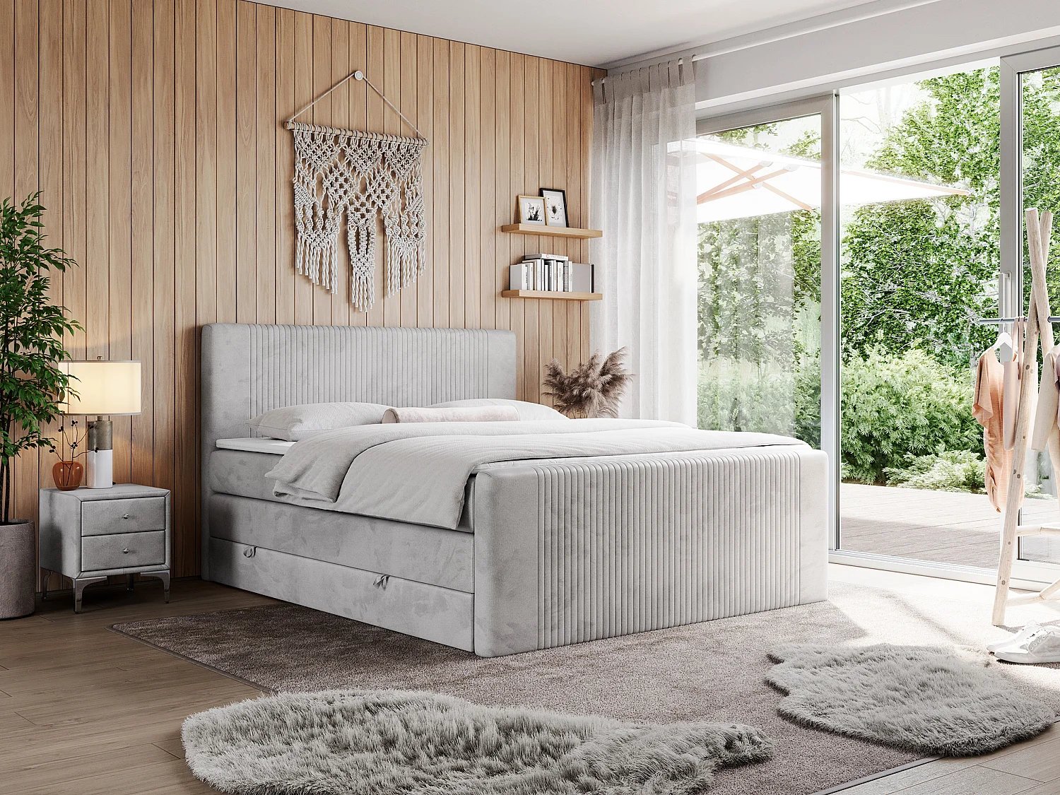 Boxspringbett DOREN KING - mit gesteppter Front und Kopfteil, zwei Multipocket-Matratzen und Topper, Doppelbett - 160x200 cm - H3 - Hellgrau Velvet