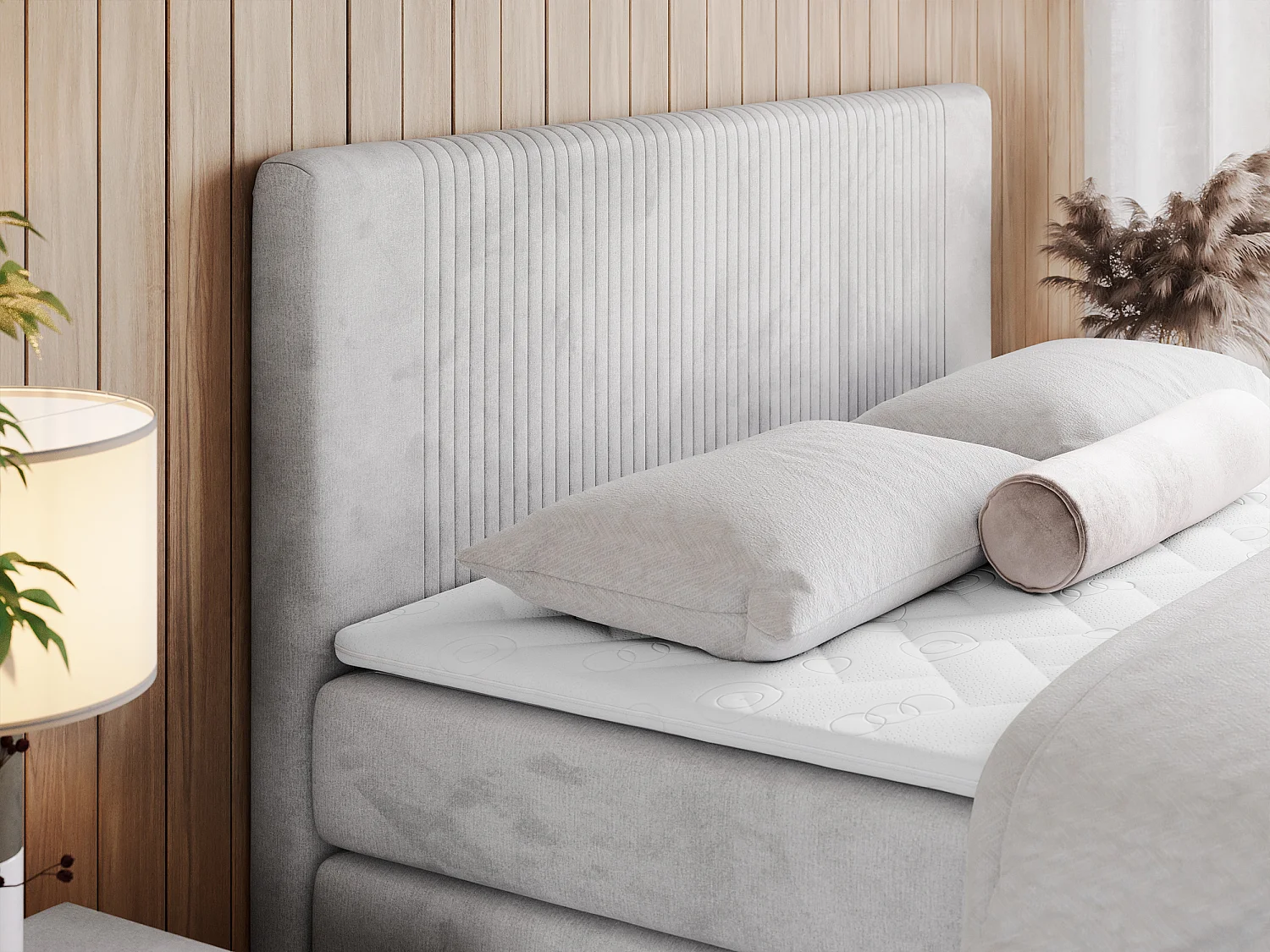 Boxspringbett DOREN KING - mit gesteppter Front und Kopfteil, zwei Multipocket-Matratzen und Topper, Doppelbett - 160x200 cm - H3 - Hellgrau Velvet