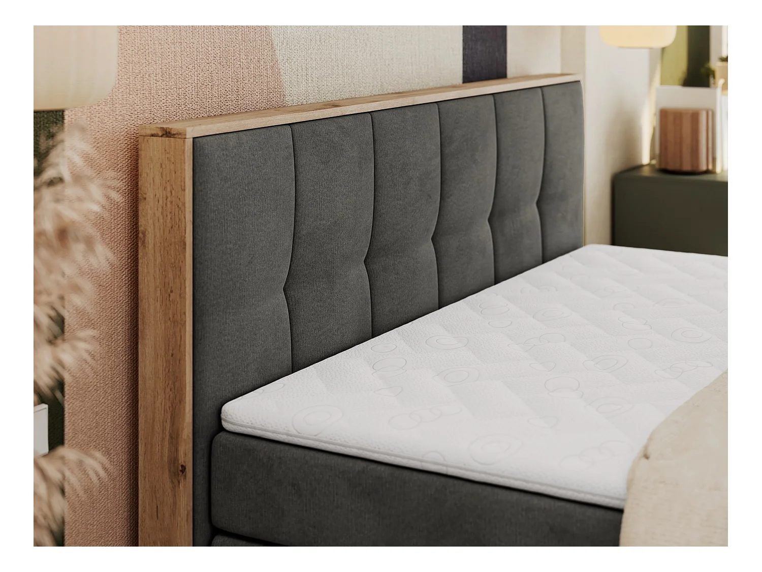 Boxspringbett ALBERO 1 KING - zwei 7 Härtezonen Multipocket-Matratzen, Doppelbett mit Stauraum, Eiche Wotan Holzrahmen - 120x200 cm - H4 - Dunkelgrau Velvet