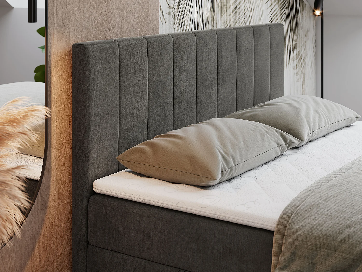 Boxspringbett LOPE - genähtes Kopfteil, Doppelbett mit Stauraum, Multipocket-Matratze, Topper - 140x200 cm - H3 - Dunkelgrau Velvet