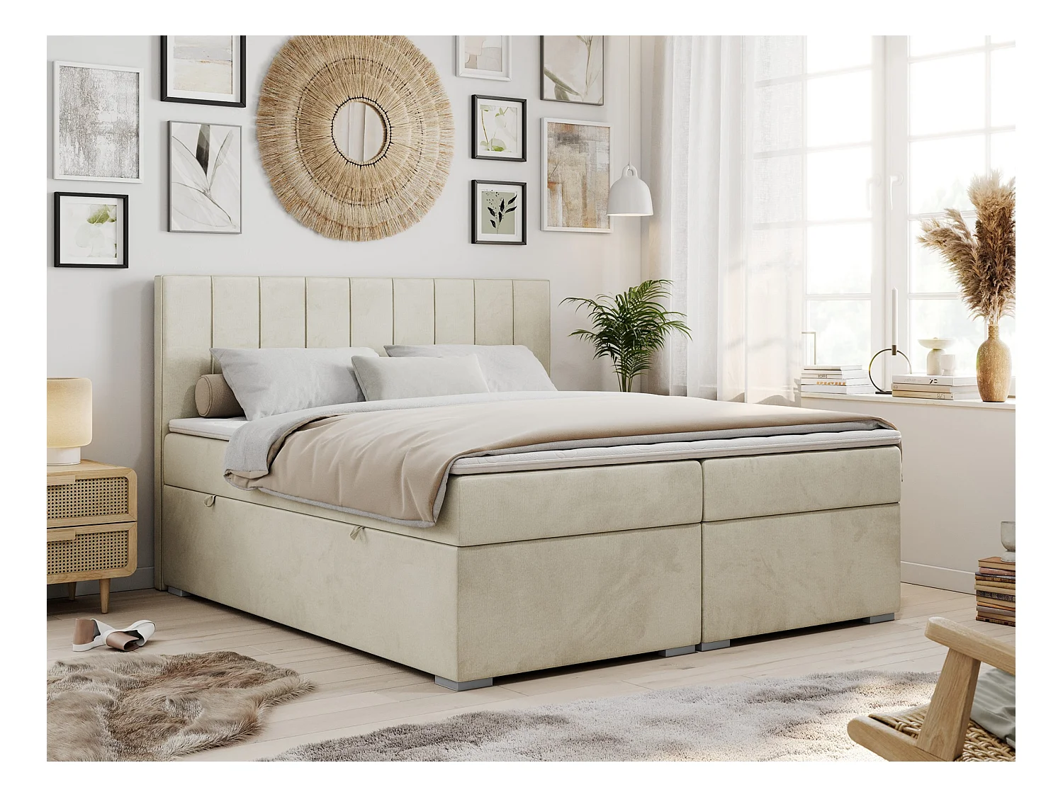 Boxspringbett ALLY - gestreiftes, genähtes Kopfteil, zwei Bettkästen, Multipocket-Matratzen, Praktisch Polsterbett - 180x200 cm - H3 - Beige Velvet