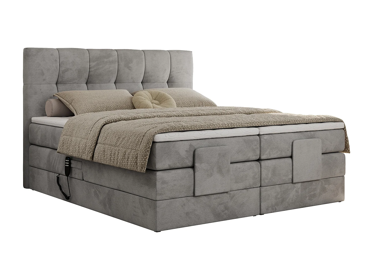 Boxspringbett VITTORIA - mit gestepptem Kopfteil, elektrischem Untergestell, Multipocket-Matratze - 180x200 cm - H4 - Hellgrau Velvet