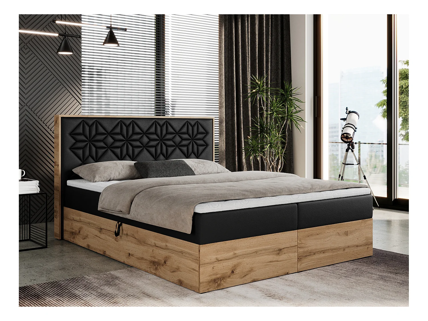 Boxspringbett NESSI - mit hoher Kopfstütze, Multipocket-Matratze und Topper, Doppelbett mit Bettkästen - 180x200 cm - H4 - Schwarz Kunstleder