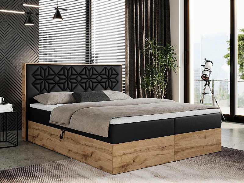 Boxspringbett NESSI - mit hoher Kopfstütze, Multipocket-Matratze und Topper, Doppelbett mit Bettkästen - 180x200 cm - H4 - Schwarz Kunstleder