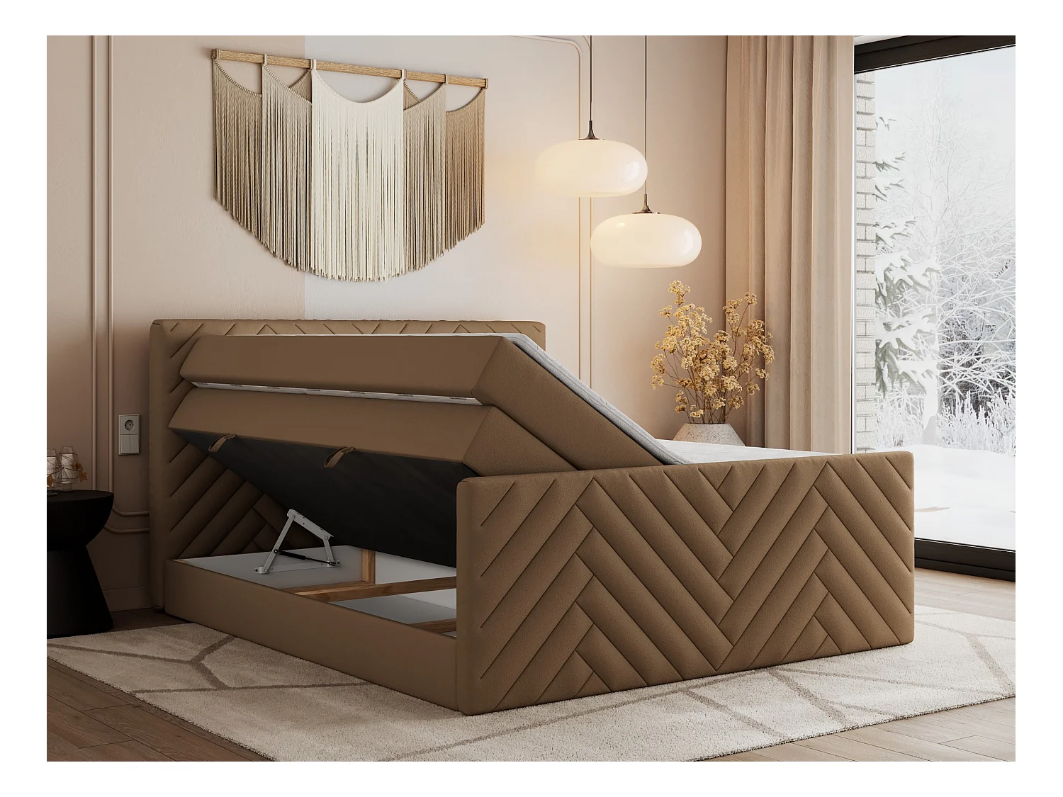 Boxspringbett PARIS KING DUO - dekorative Kopfstütze und Front, zwei Multipocket-Matratze mit Topper - 180x200 cm - H3 - Braun Kunstleder