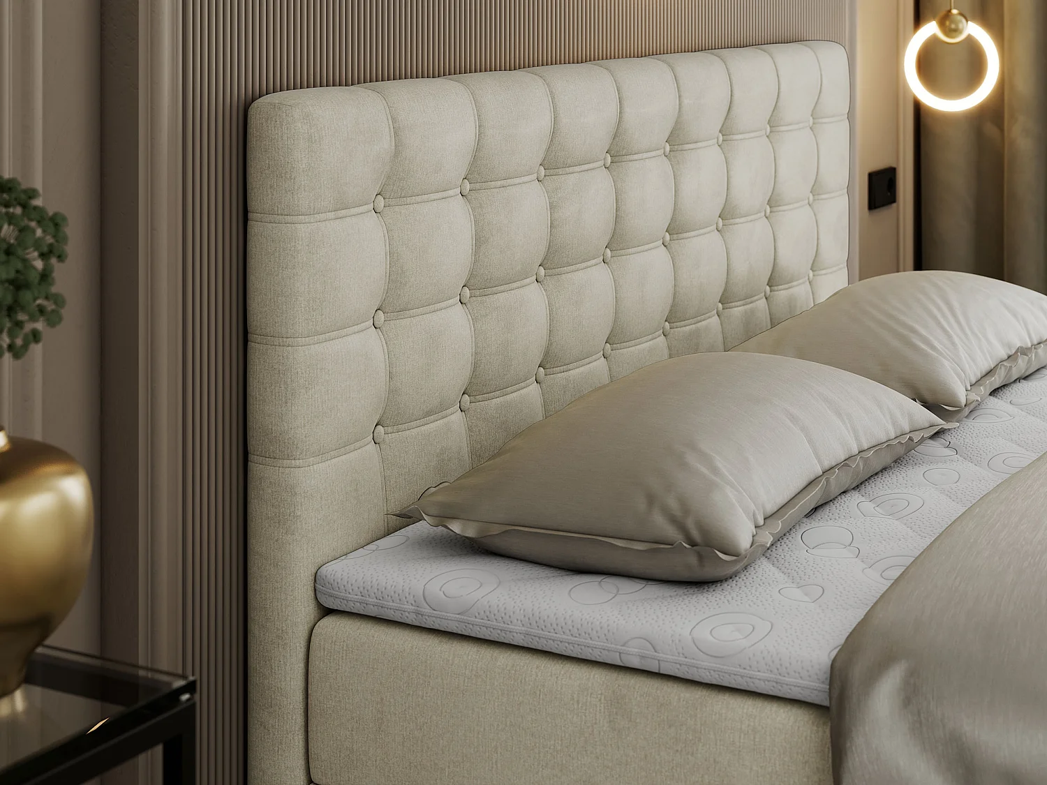 Boxspringbett SUSAN - mit gestepptem Kopfteil, zwei Bettkästen und Topper, gepolstertes Schlafzimmerbett - 120x200 cm - H3 - Beige Velvet