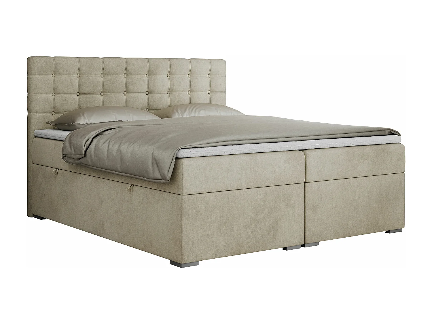 Boxspringbett SUSAN - mit gestepptem Kopfteil, zwei Bettkästen und Topper, gepolstertes Schlafzimmerbett - 120x200 cm - H3 - Beige Velvet