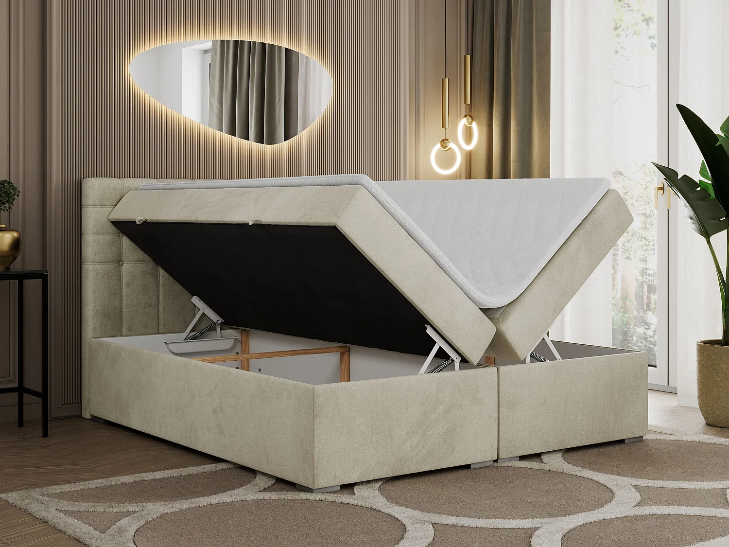 Boxspringbett SUSAN - mit gestepptem Kopfteil, zwei Bettkästen und Topper, gepolstertes Schlafzimmerbett - 120x200 cm - H3 - Beige Velvet