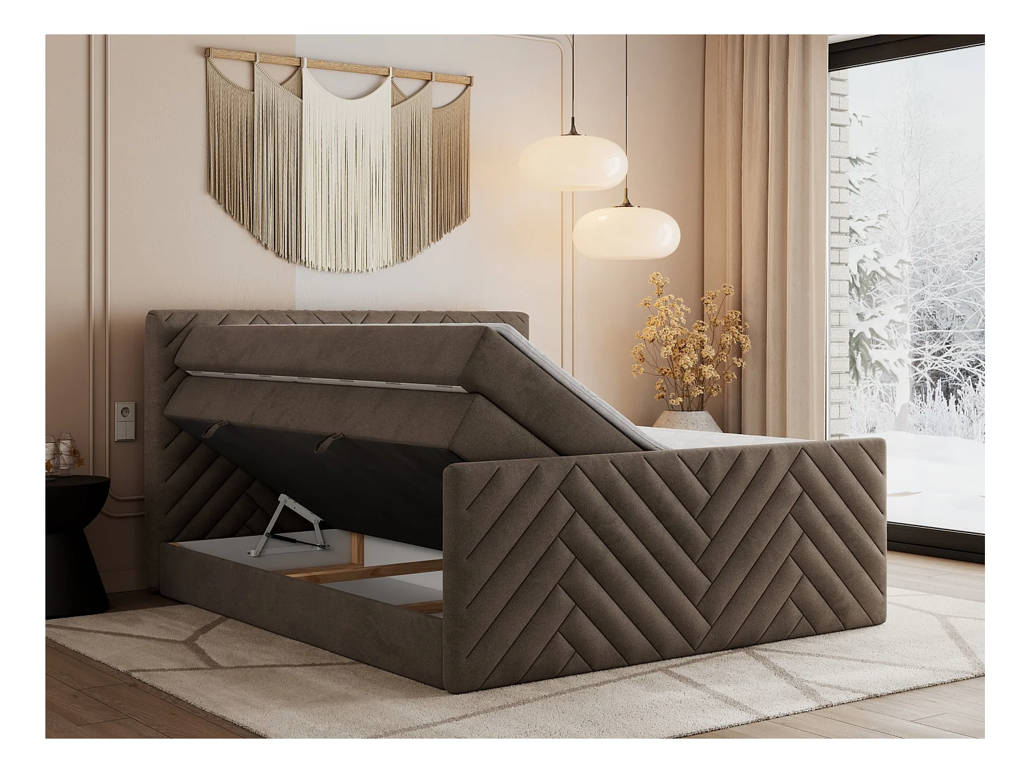 Boxspringbett PARIS KING DUO - dekorative Kopfstütze und Front, zwei Multipocket-Matratze mit Topper - 120x200 cm - H3 - Braun Velvet