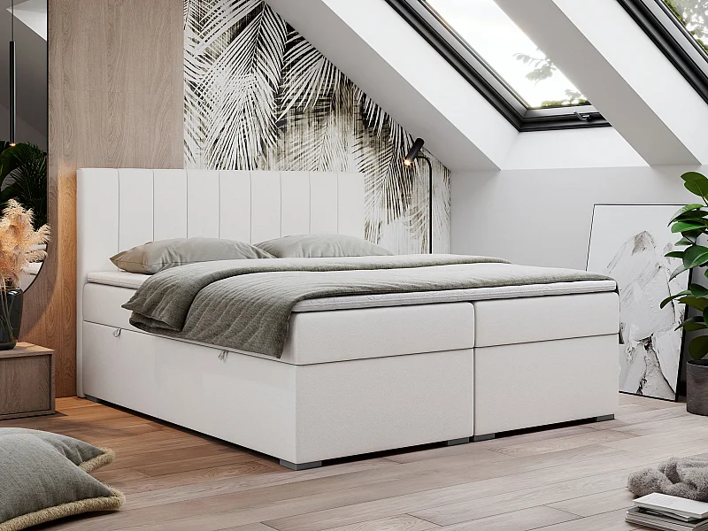Boxspringbett LOPE - genähtes Kopfteil, Doppelbett mit Stauraum, Multipocket-Matratze, Topper - 120x200 cm - H4 - Weiß Kunstleder
