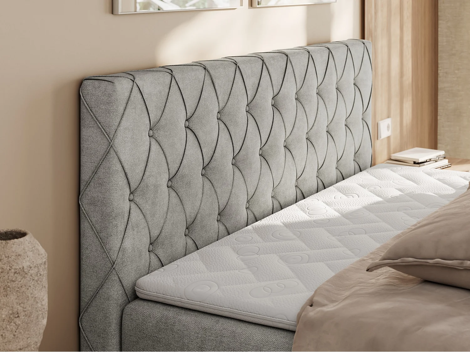 Boxspringbett MIREN DUO - mit gestepptem Kopfteil und Front, Multipocket-Matratze, zwei Bettkästen - 140x200 cm - H3 - Hellgrau Strukture