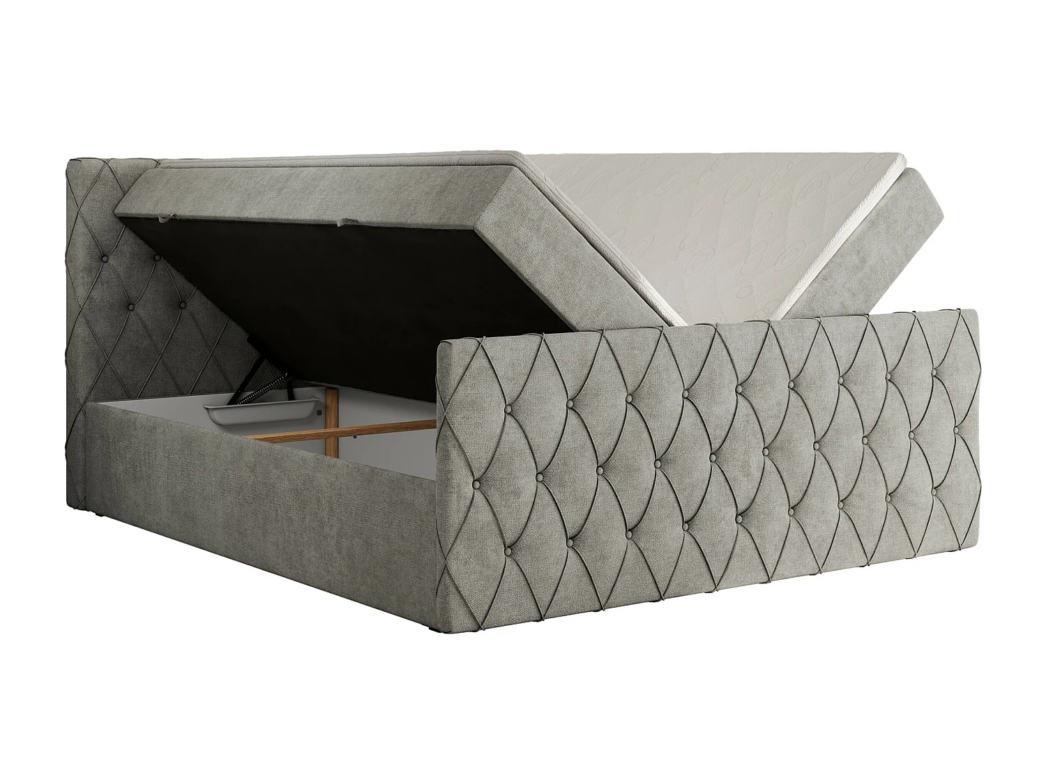 Boxspringbett MIREN DUO - mit gestepptem Kopfteil und Front, Multipocket-Matratze, zwei Bettkästen - 140x200 cm - H3 - Hellgrau Strukture