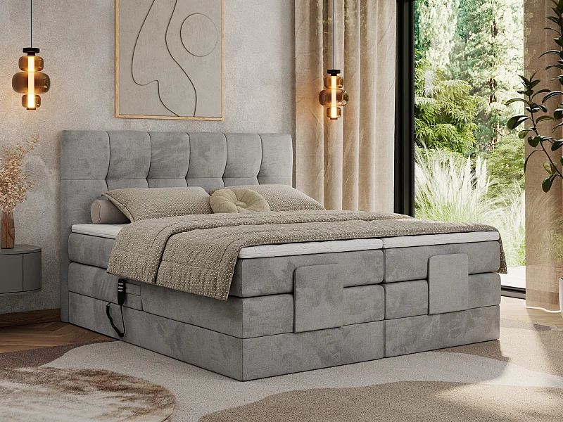 Boxspringbett VITTORIA - mit gestepptem Kopfteil, elektrischem Untergestell, Multipocket-Matratze - 140x200 cm - H3 - Hellgrau Velvet