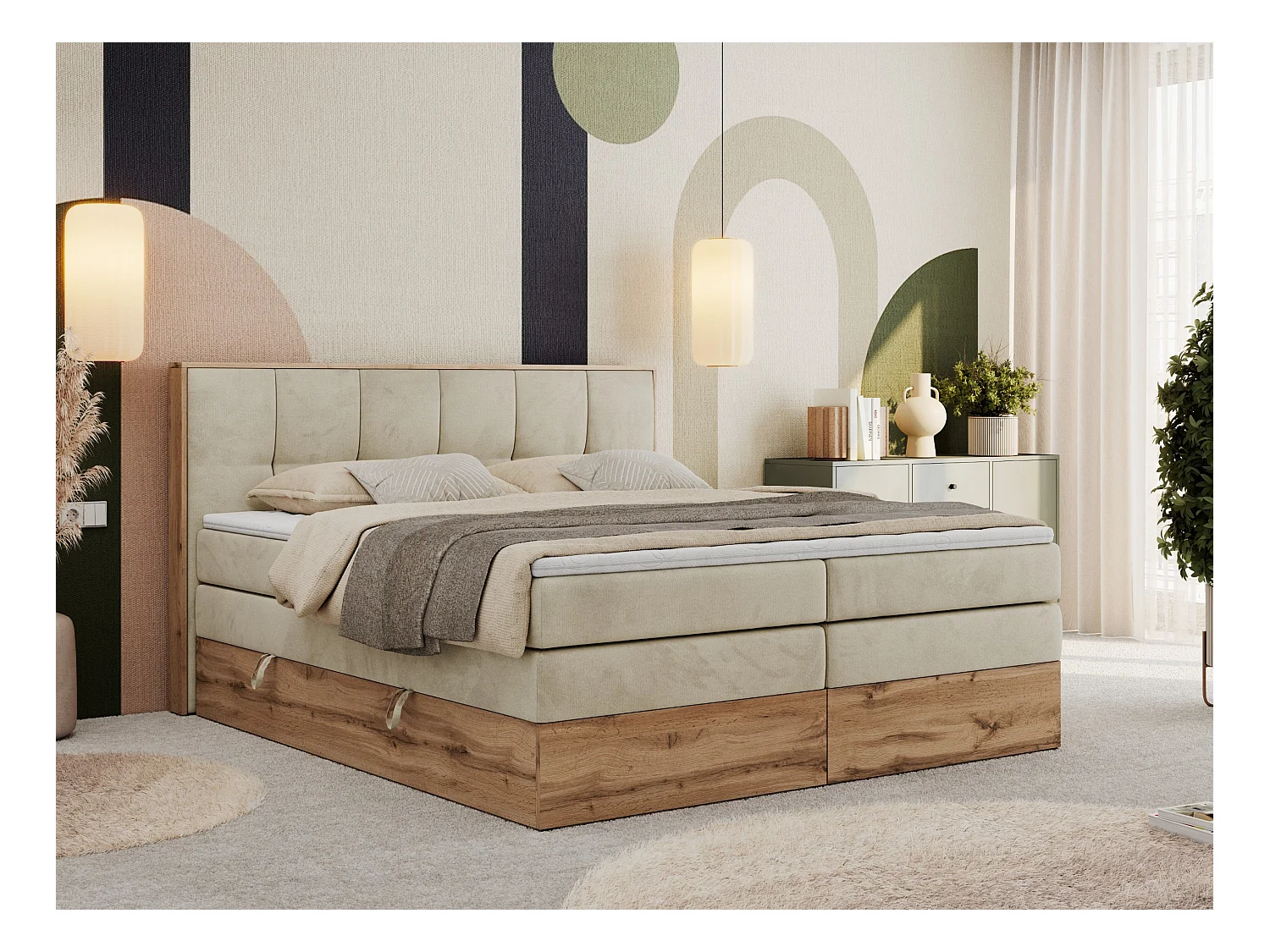 Boxspringbett ALBERO 1 KING - zwei 7 Härtezonen Multipocket-Matratzen, Doppelbett mit Stauraum, Eiche Wotan Holzrahmen - 200x200 cm - H3 - Beige Velvet