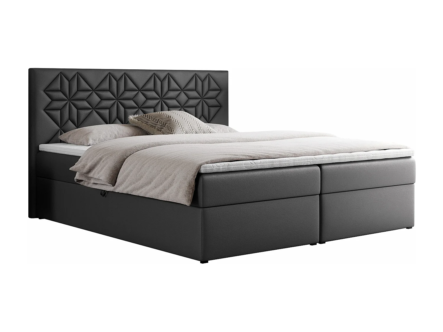 Boxspringbett LEILA - gestepptes Kopfteil,  7 Härtezonen Multipocket-Matratzen, Doppelbett mit Bettkästen - 120x200 cm - H3 - Dunkelgrau Kunstleder