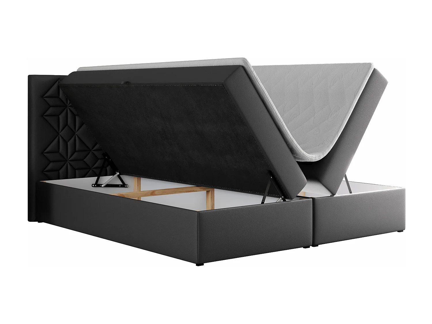 Boxspringbett LEILA - gestepptes Kopfteil,  7 Härtezonen Multipocket-Matratzen, Doppelbett mit Bettkästen - 120x200 cm - H3 - Dunkelgrau Kunstleder