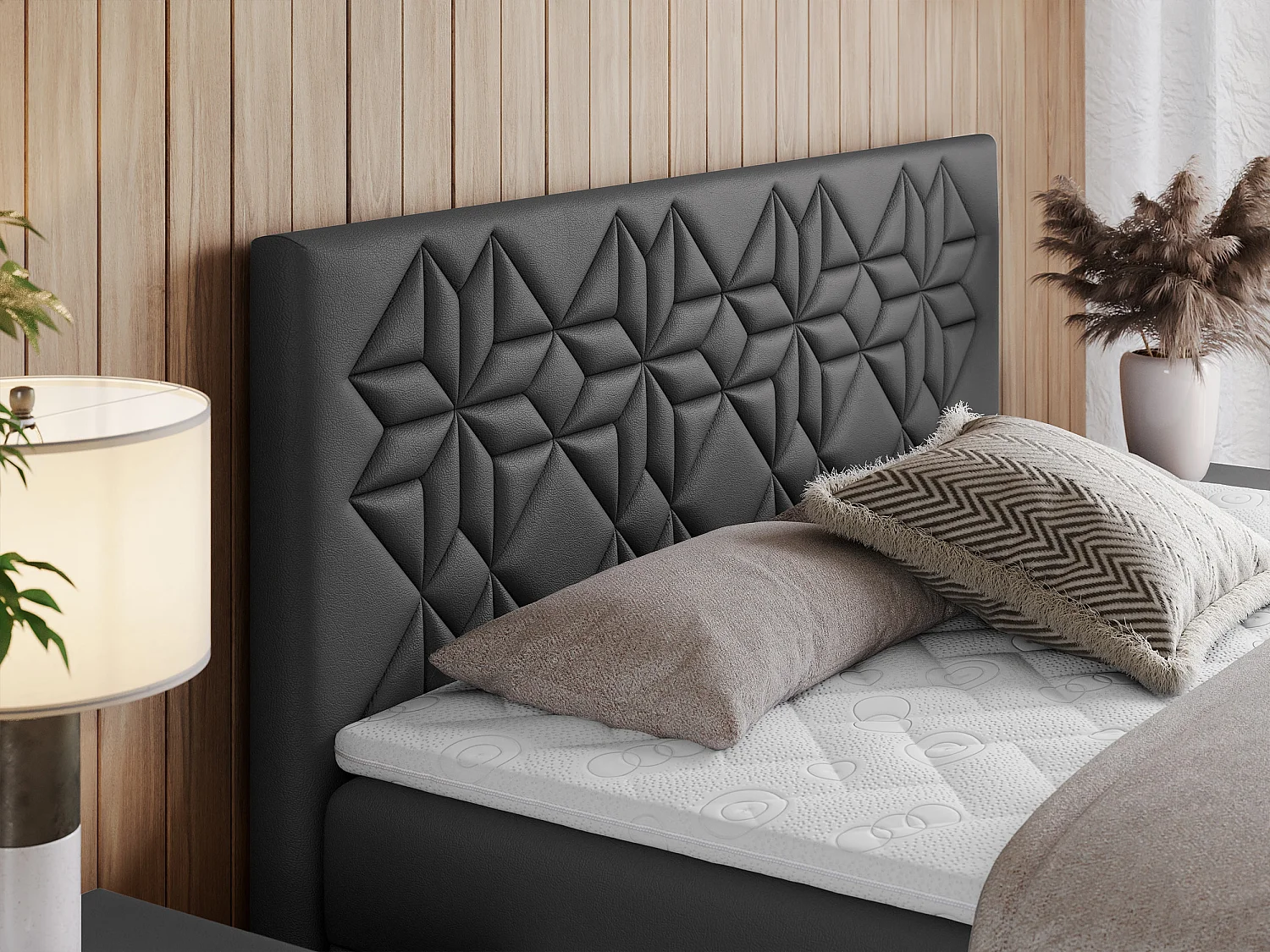 Boxspringbett LEILA - gestepptes Kopfteil,  7 Härtezonen Multipocket-Matratzen, Doppelbett mit Bettkästen - 180x200 cm - H4 - Dunkelgrau Kunstleder