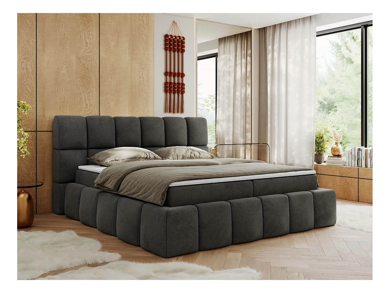 Boxspringbett NIRA - dekorativ kopfteil, Bettkästen und Multipocket-Matratze, Doppelbett für Schlafzimmer - 180x200 cm - H3 - Dunkelgrau Velvet