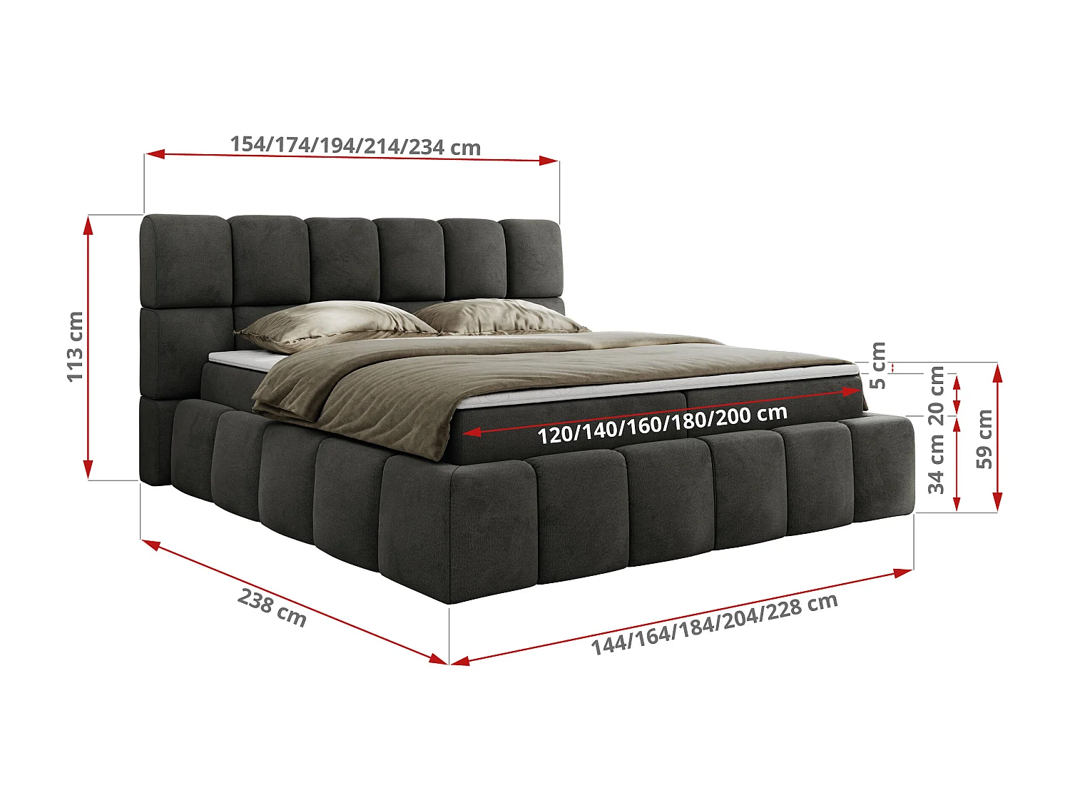 Boxspringbett NIRA - dekorativ kopfteil, Bettkästen und Multipocket-Matratze, Doppelbett für Schlafzimmer - 180x200 cm - H3 - Dunkelgrau Velvet