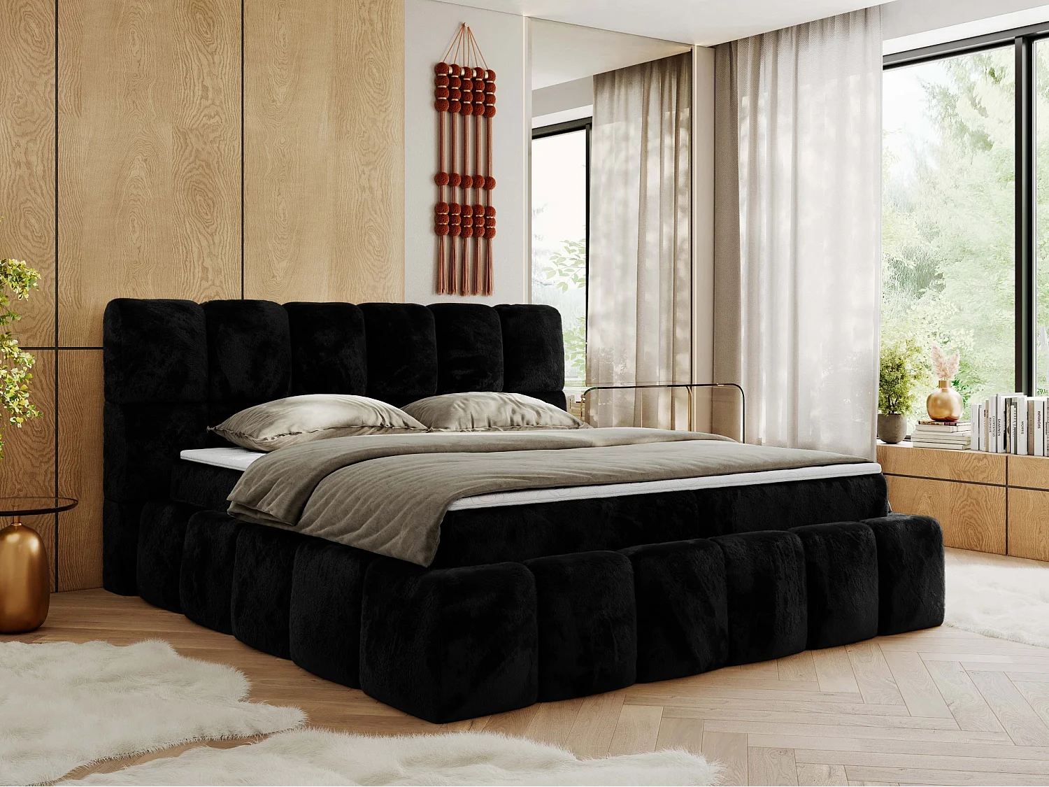 Boxspringbett NIRA - dekorativ kopfteil, Bettkästen und Multipocket-Matratze, Doppelbett für Schlafzimmer - 140x200 cm - H4 - Schwarz Plüsch