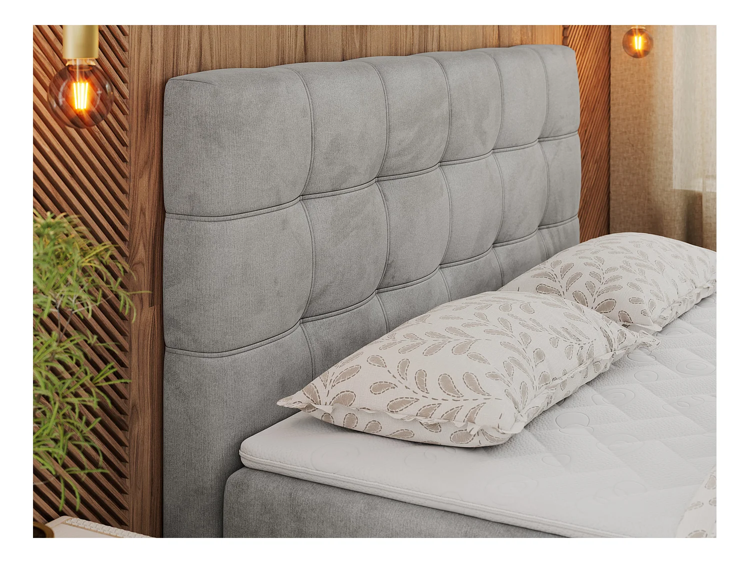 Boxspringbett ERNI - mit gestepptem Kopfteil, Polsterbett, Multipocket-Matratze und Topper, Bettkästen - 200x200 cm - H4 - Hellgrau Velvet