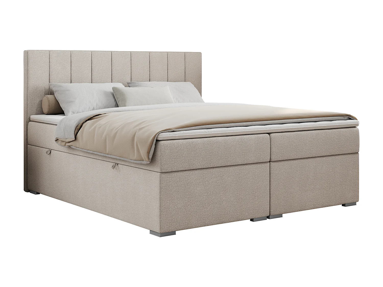 Boxspringbett ALLY - gestreiftes, genähtes Kopfteil, zwei Bettkästen, Multipocket-Matratzen, Praktisch Polsterbett - 120x200 cm - H3 - Beige Strukture