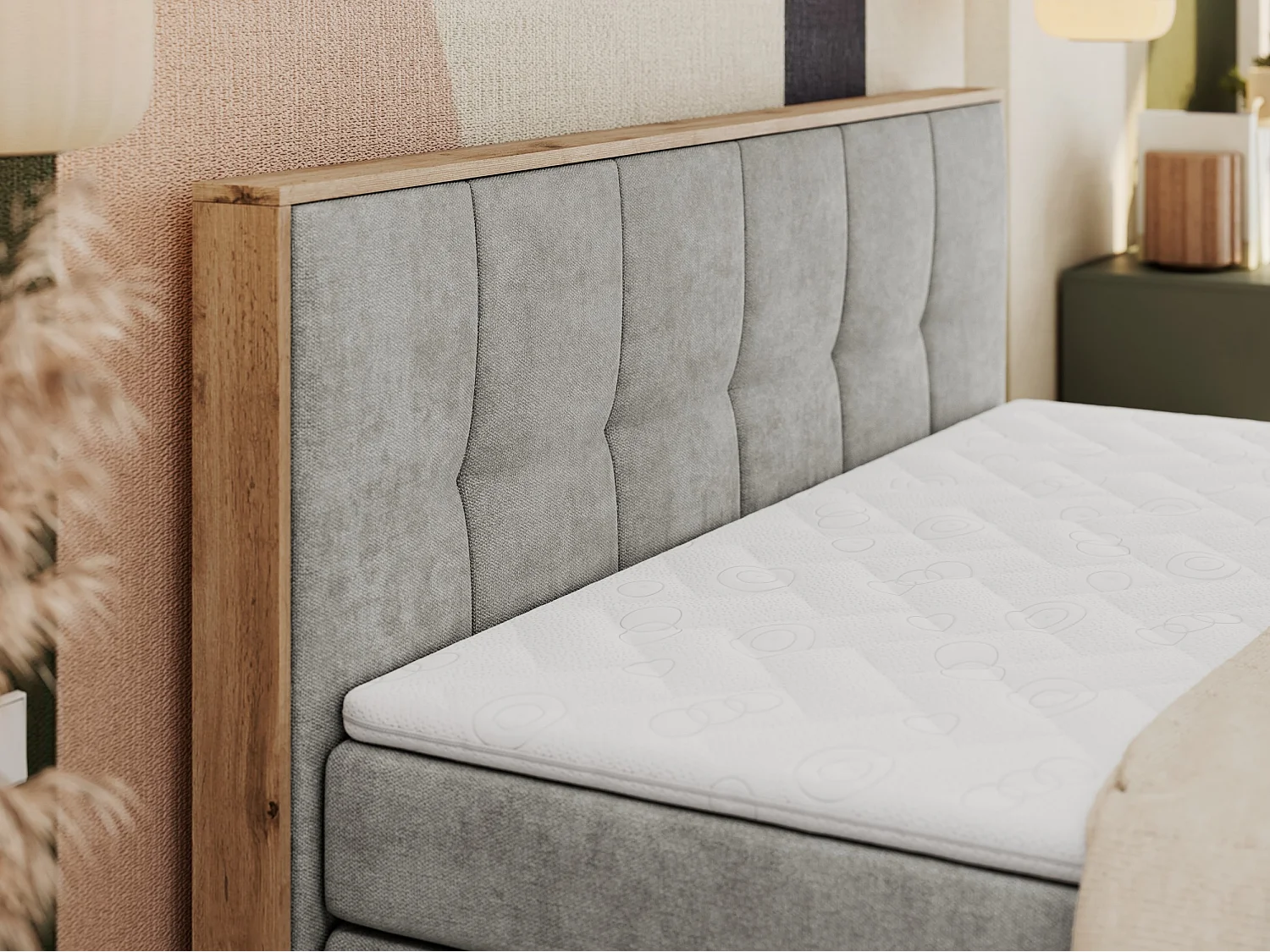 Boxspringbett ALBERO 1 KING - zwei 7 Härtezonen Multipocket-Matratzen, Doppelbett mit Stauraum, Eiche Wotan Holzrahmen - 160x200 cm - H4 - Hellgrau Strukture