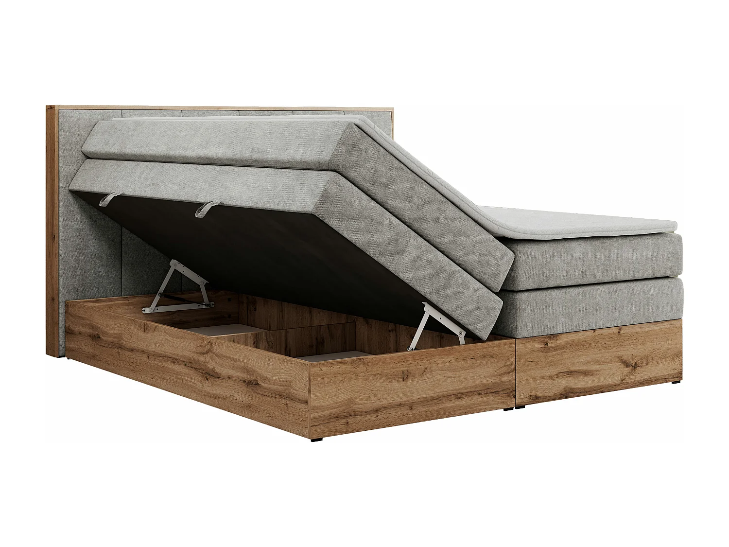 Boxspringbett ALBERO 1 KING - zwei 7 Härtezonen Multipocket-Matratzen, Doppelbett mit Stauraum, Eiche Wotan Holzrahmen - 160x200 cm - H4 - Hellgrau Strukture