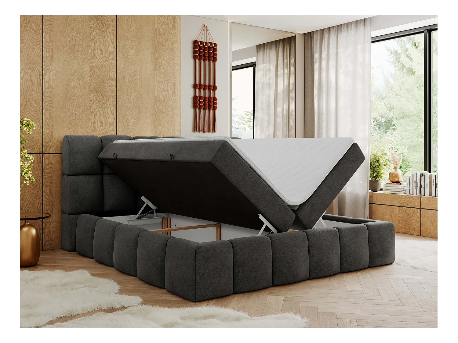 Boxspringbett NIRA - dekorativ kopfteil, Bettkästen und Multipocket-Matratze, Doppelbett für Schlafzimmer - 200x200 cm - H4 - Dunkelgrau Velvet