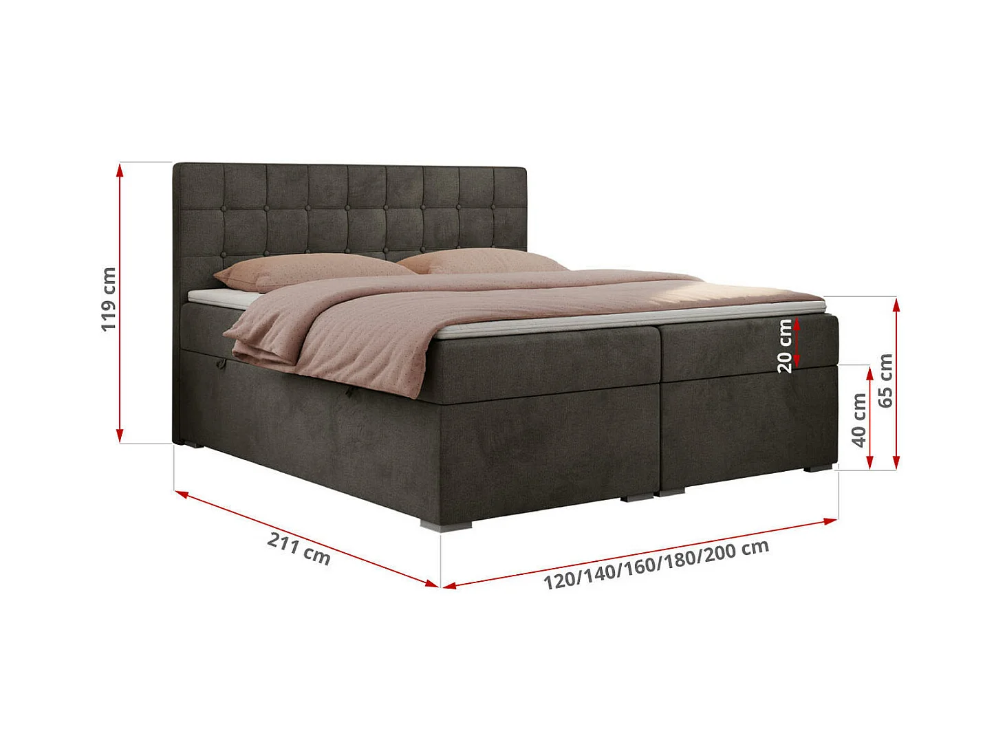 Boxspringbett CARMEN - Polsterbett mit zwei Bettkästen, gesteppte Kopfstütze, Multipocket-Matratze - 180x200 cm - H3 - Dunkelgrau Velvet