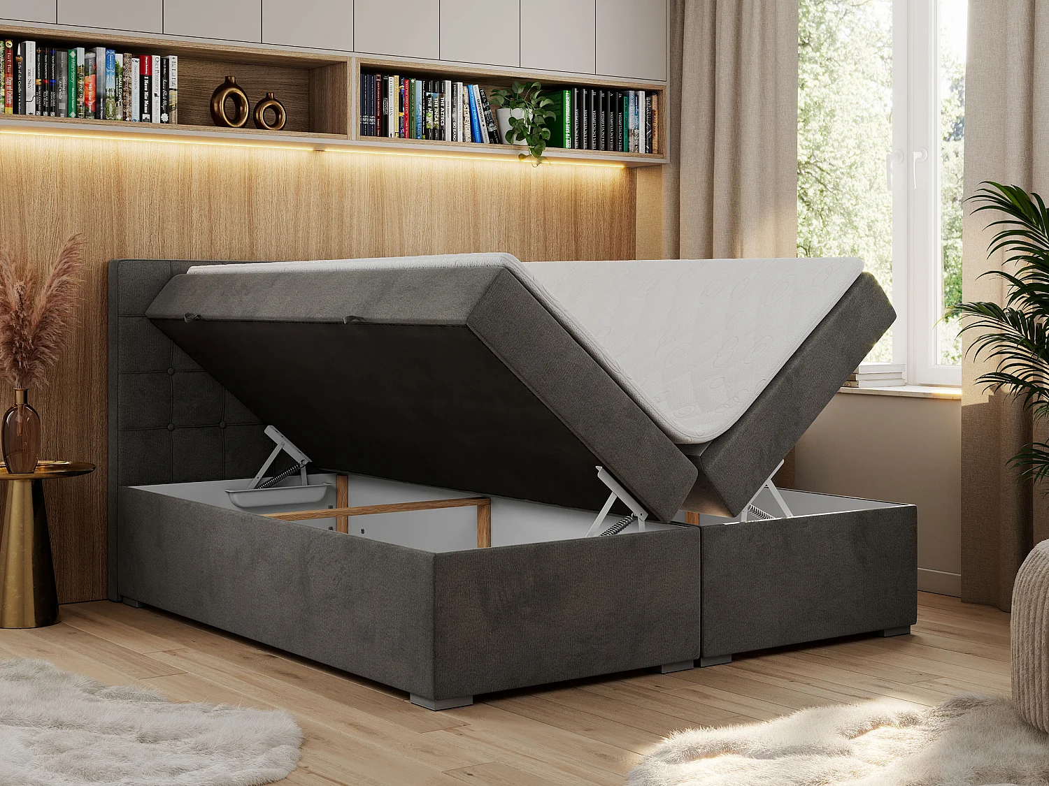 Boxspringbett CARMEN - Polsterbett mit zwei Bettkästen, gesteppte Kopfstütze, Multipocket-Matratze - 180x200 cm - H3 - Dunkelgrau Velvet